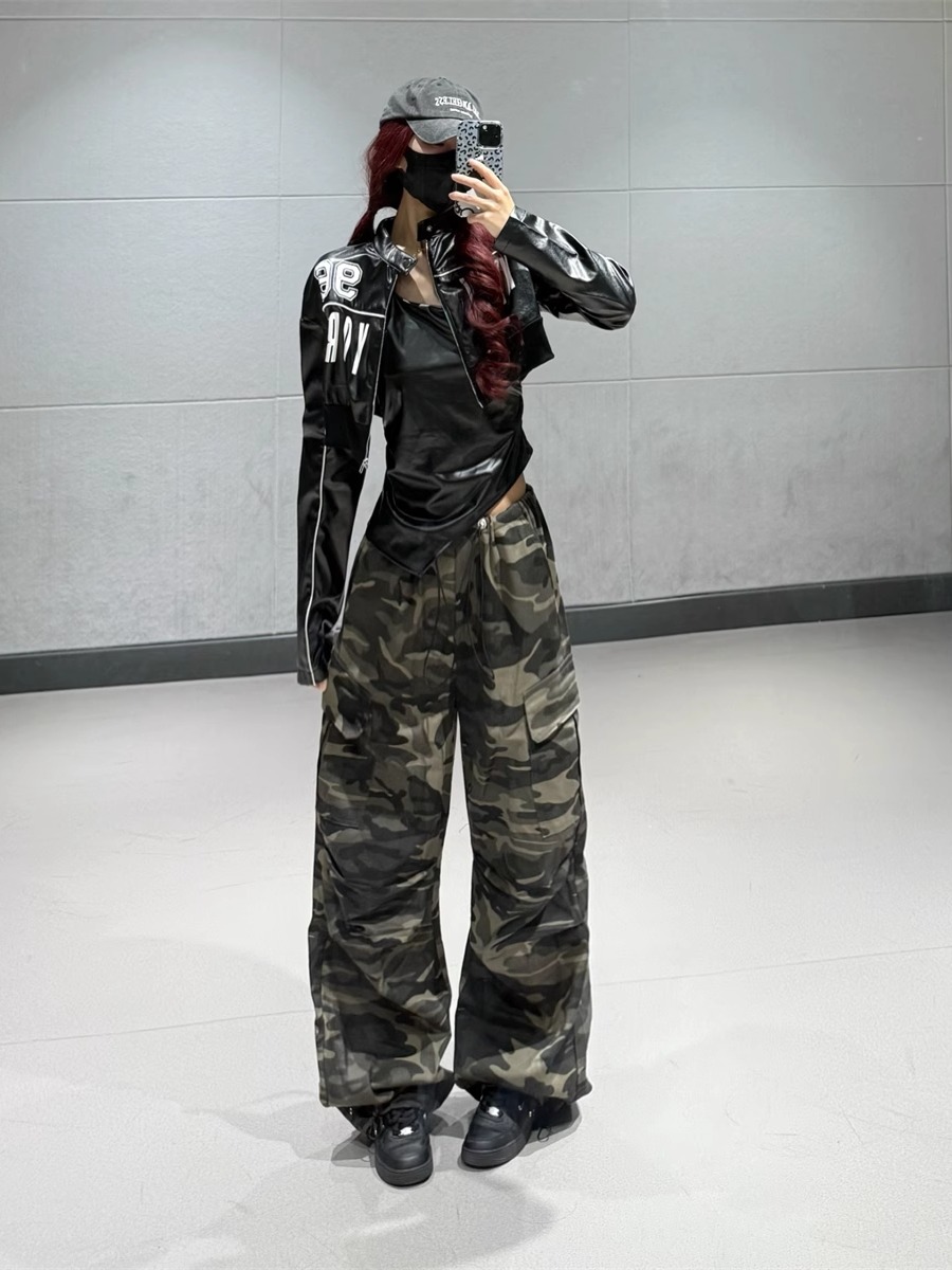 Hip-Hop Dance Set for Women - Ultra-Short Leather Jacket & High-Waisted Camouflage Cargo Pants - Trendy Streetwear Outfit