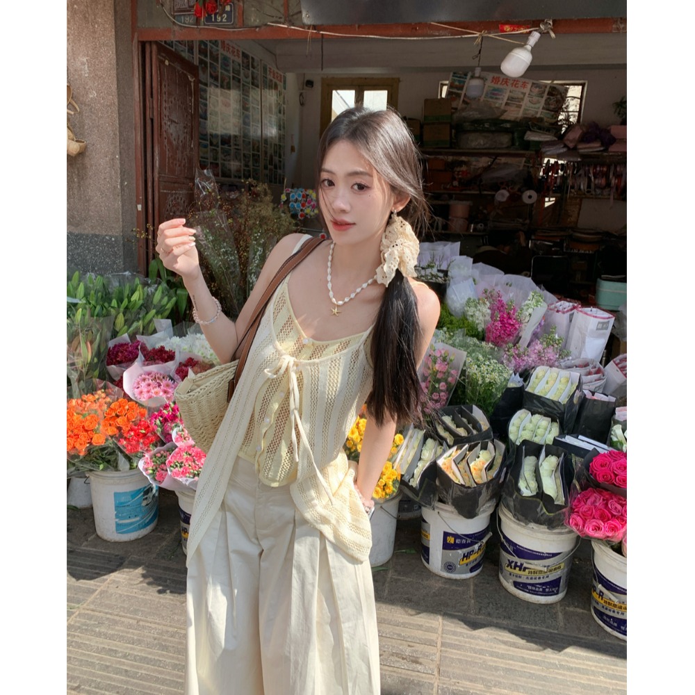 Hollow Out Faux Two-Piece Camisole Top with Cross Pleats and Loose Wide-Leg Pants Set for Women - Spring Summer Vacation Outfit