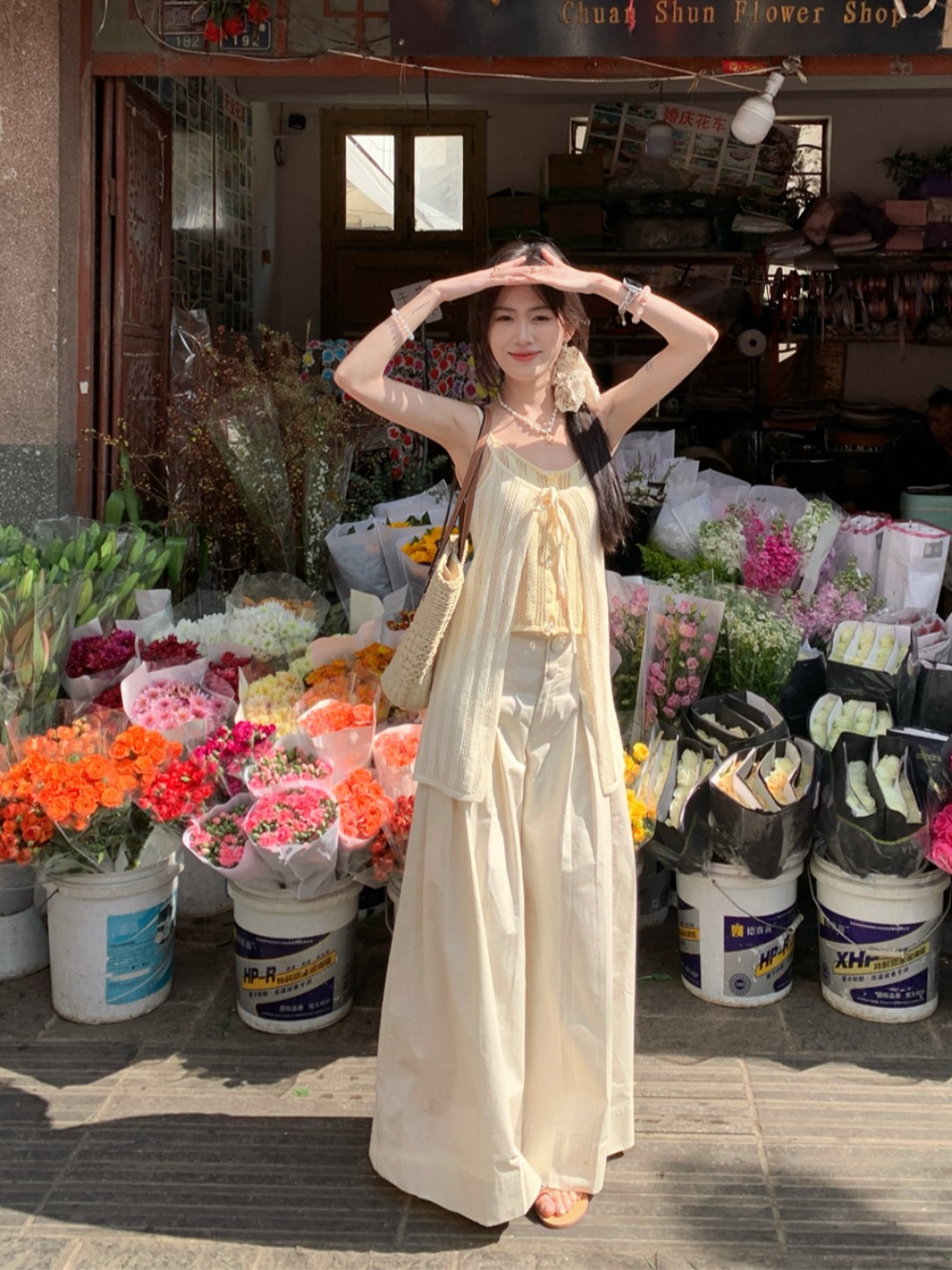 Hollow Out Faux Two-Piece Camisole Top with Cross Pleats and Loose Wide-Leg Pants Set for Women - Spring Summer Vacation Outfit