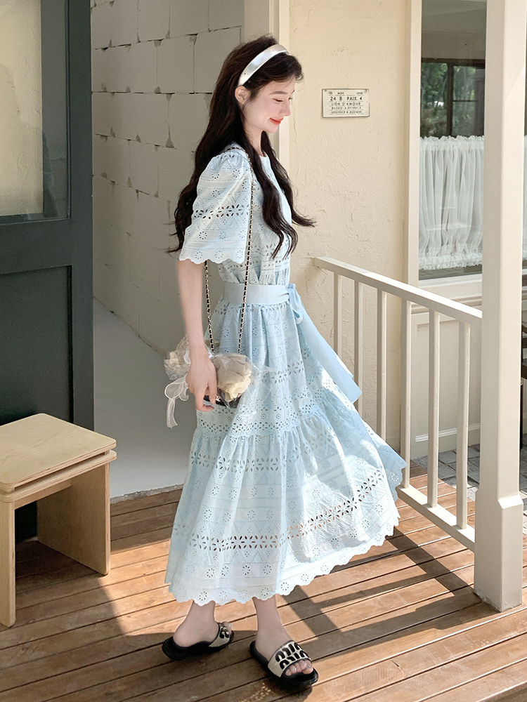 Hollow-Out Spliced Lace-Up Waist-Defining Blue Dress for Women - Summer 2025 Vacation Style Long Dress, Age-Reducing Fashion