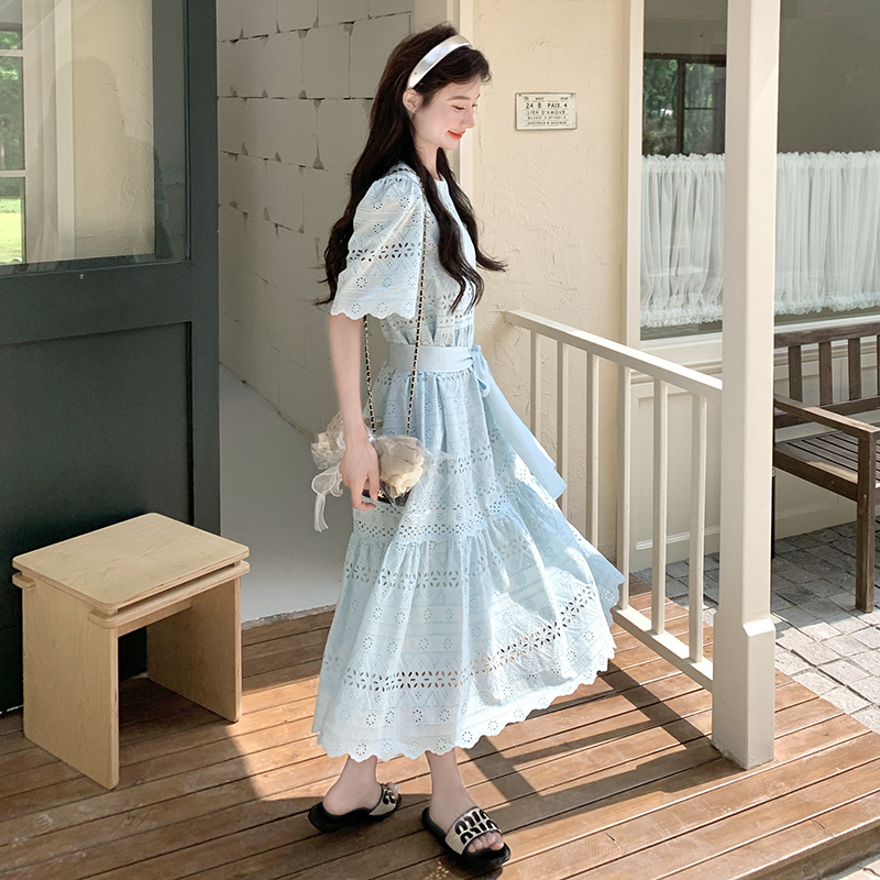 Hollow-Out Spliced Lace-Up Waist-Defining Blue Dress for Women - Summer 2025 Vacation Style Long Dress, Age-Reducing Fashion