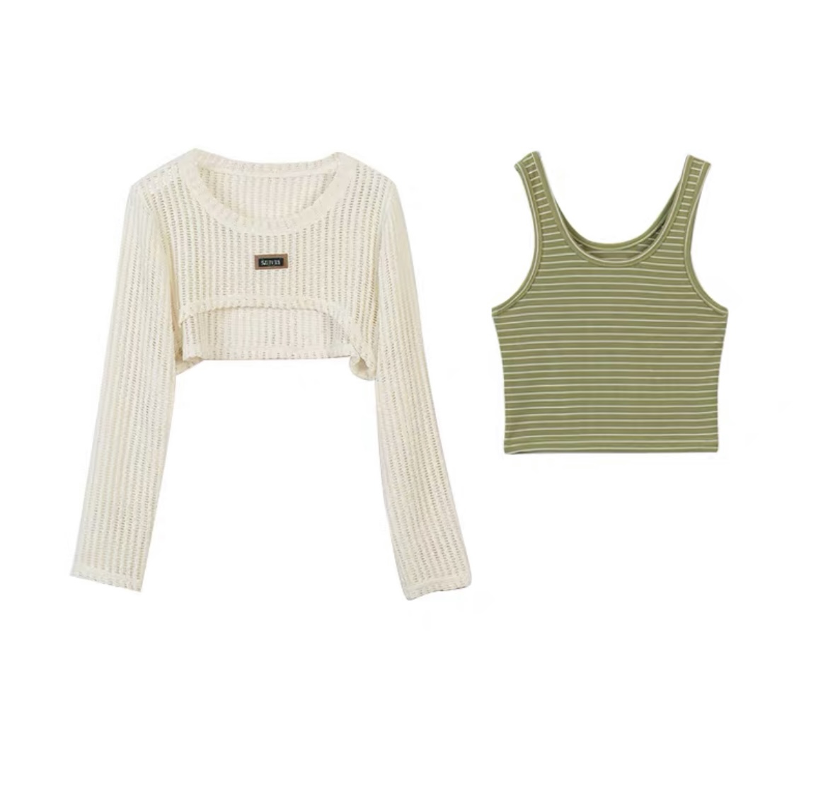 Hollow Short Cardigan & Green Lightweight Quick-Dry Casual Work Pants Set for Women's Jazz Dance Outfit, 90s Style