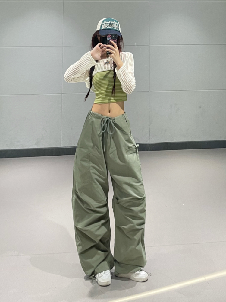 Hollow Short Cardigan & Green Lightweight Quick-Dry Casual Work Pants Set for Women's Jazz Dance Outfit, 90s Style Hollow Short Cardigan & Green Lightweight Quick-Dry Casual Work Pants Set for Women's Jazz Dance Outfit, 90s Style
