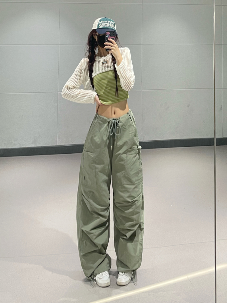 Hollow Short Cardigan & Green Lightweight Quick-Dry Casual Work Pants Set for Women's Jazz Dance Outfit, 90s Style