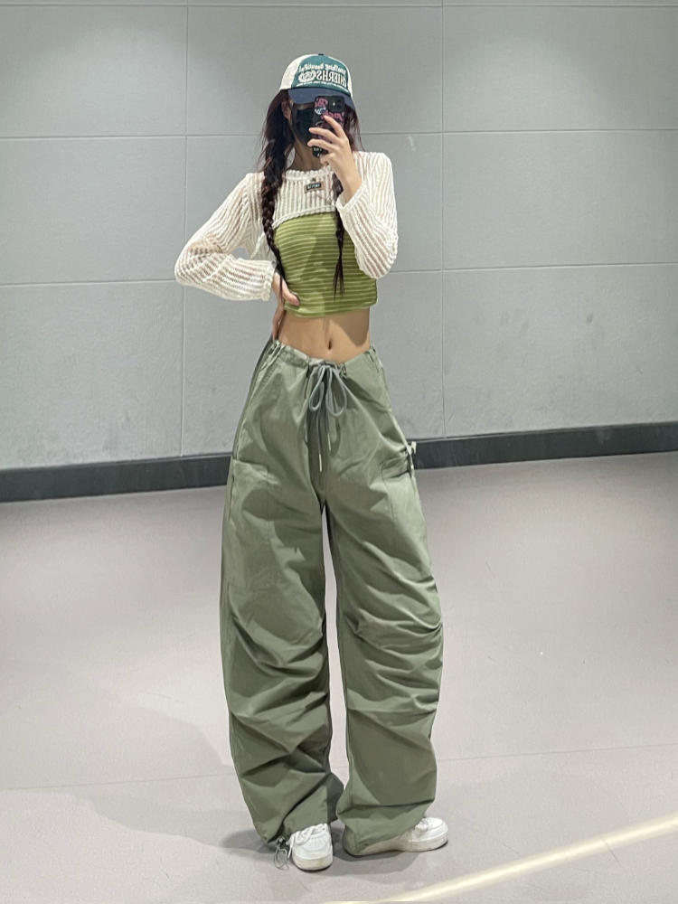 Hollow Short Cardigan & Green Lightweight Quick-Dry Casual Work Pants Set for Women's Jazz Dance Outfit, 90s Style Hollow Short Cardigan & Green Lightweight Quick-Dry Casual Work Pants Set for Women's Jazz Dance Outfit, 90s Style