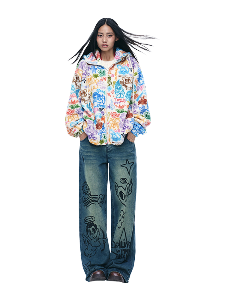 Hooded Graffiti Print Plush Zip-Up Cardigan - Loose Warm Lamb Wool Coat for Stylish Layering, Perfect for Y2K and Streetwear Trends
