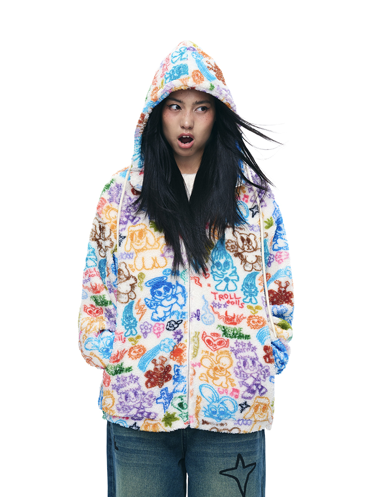 Hooded Graffiti Print Plush Zip-Up Cardigan - Loose Warm Lamb Wool Coat for Stylish Layering, Perfect for Y2K and Streetwear Trends Hooded Graffiti Print Plush Zip-Up Cardigan - Loose Warm Lamb Wool Coat for Stylish Layering, Perfect for Y2K and Streetwear Trends