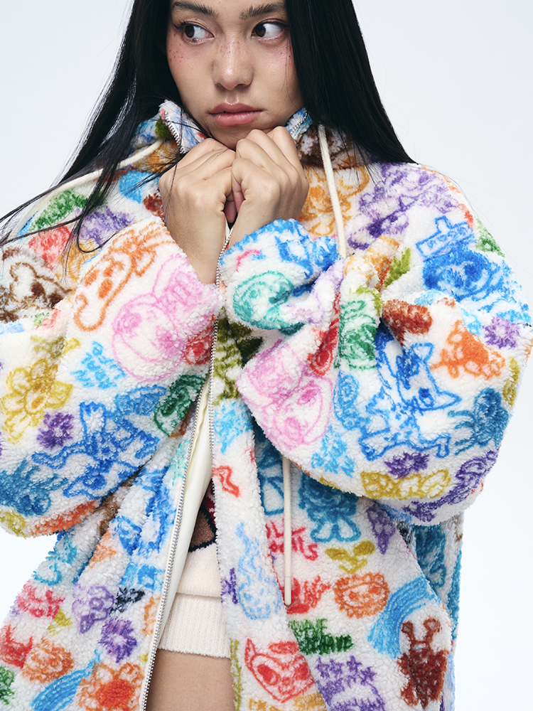 Hooded Graffiti Print Plush Zip-Up Cardigan - Loose Warm Lamb Wool Coat for Stylish Layering, Perfect for Y2K and Streetwear Trends Hooded Graffiti Print Plush Zip-Up Cardigan - Loose Warm Lamb Wool Coat for Stylish Layering, Perfect for Y2K and Streetwear Trends