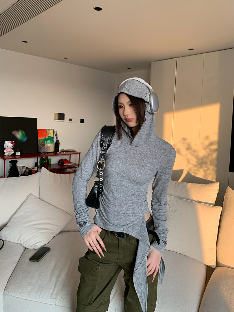 Hooded Long Sleeve T-Shirt for Women - Spring American Vintage Style, Slim Fit, Waist-Defining, Casual Fashion Top