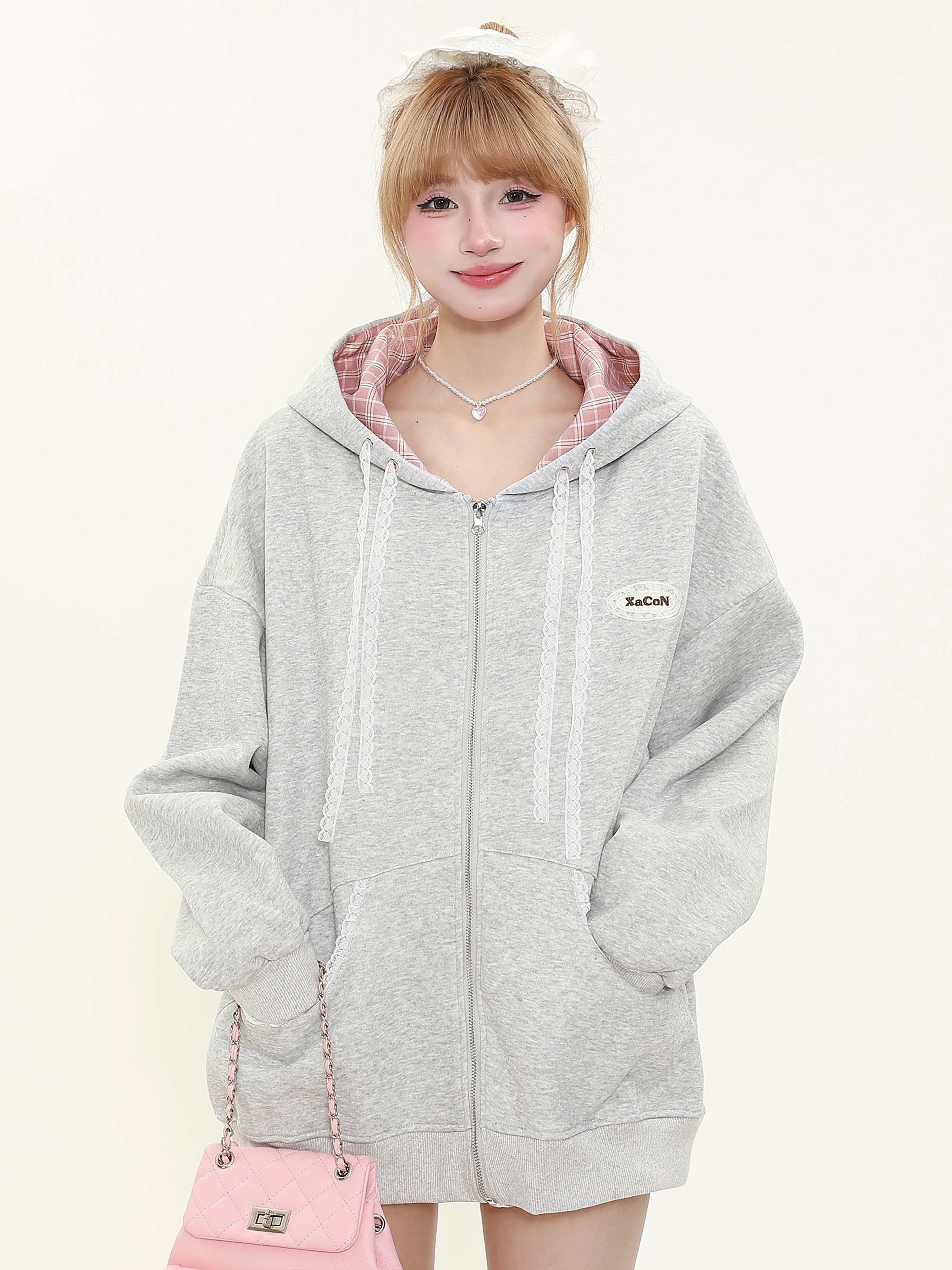 Hooded Zipper Plaid Sweatshirt Jacket for Women - Korean Style Casual Layering for Spring and Autumn Hooded Zipper Plaid Sweatshirt Jacket for Women - Korean Style Casual Layering for Spring and Autumn