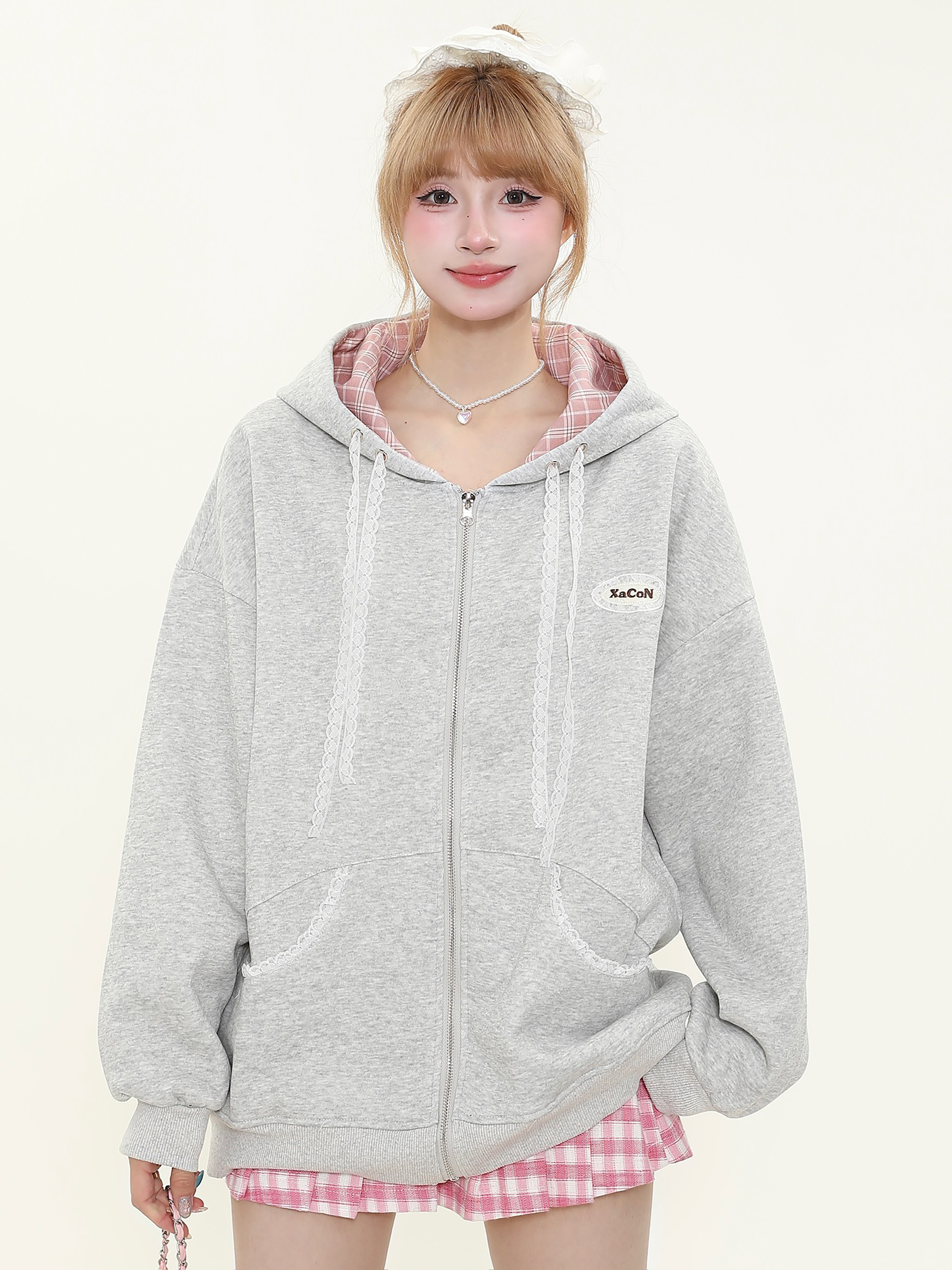 Hooded Zipper Plaid Sweatshirt Jacket for Women - Korean Style Casual Layering for Spring and Autumn Hooded Zipper Plaid Sweatshirt Jacket for Women - Korean Style Casual Layering for Spring and Autumn