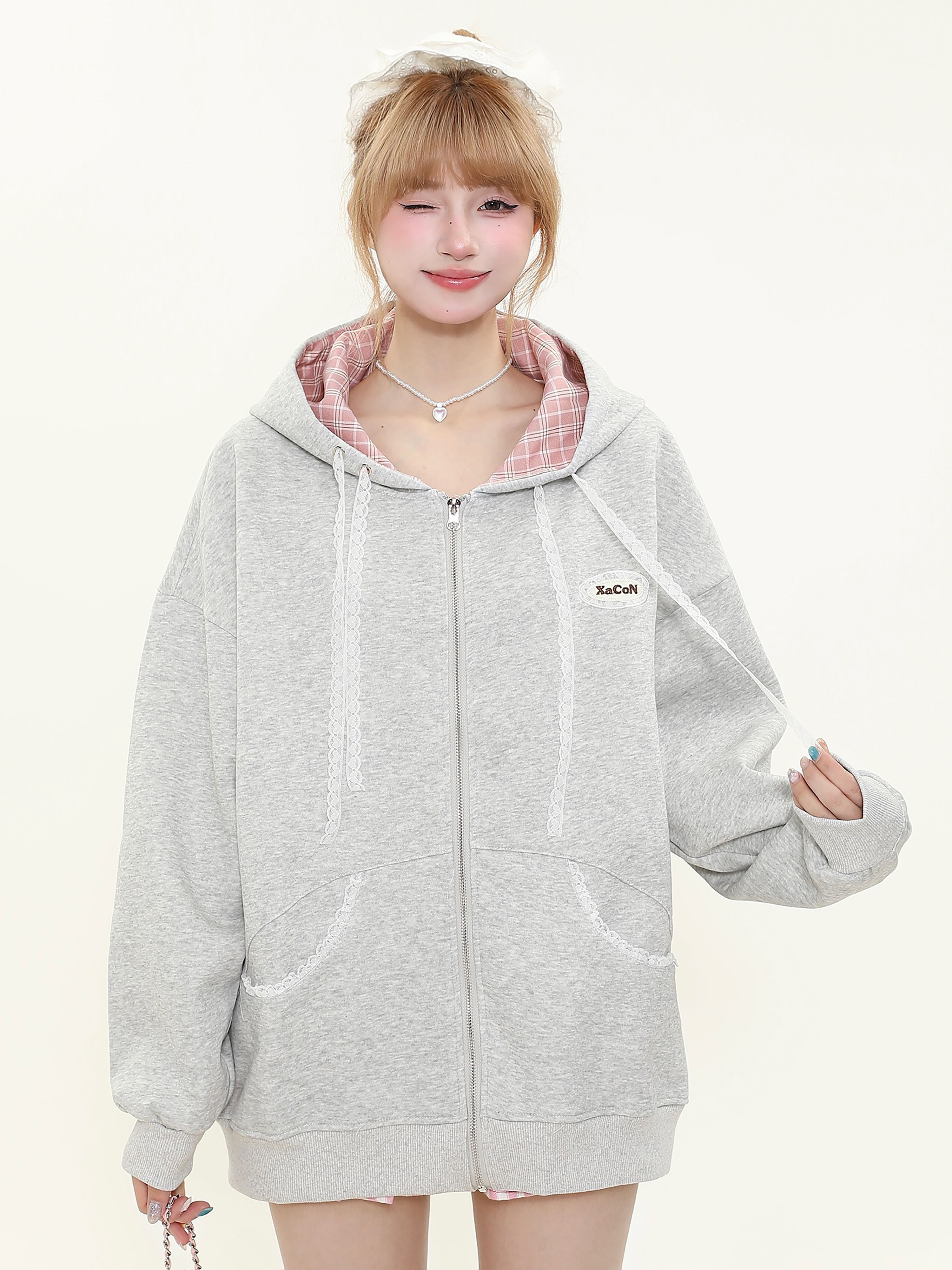 Hooded Zipper Plaid Sweatshirt Jacket for Women - Korean Style Casual Layering for Spring and Autumn