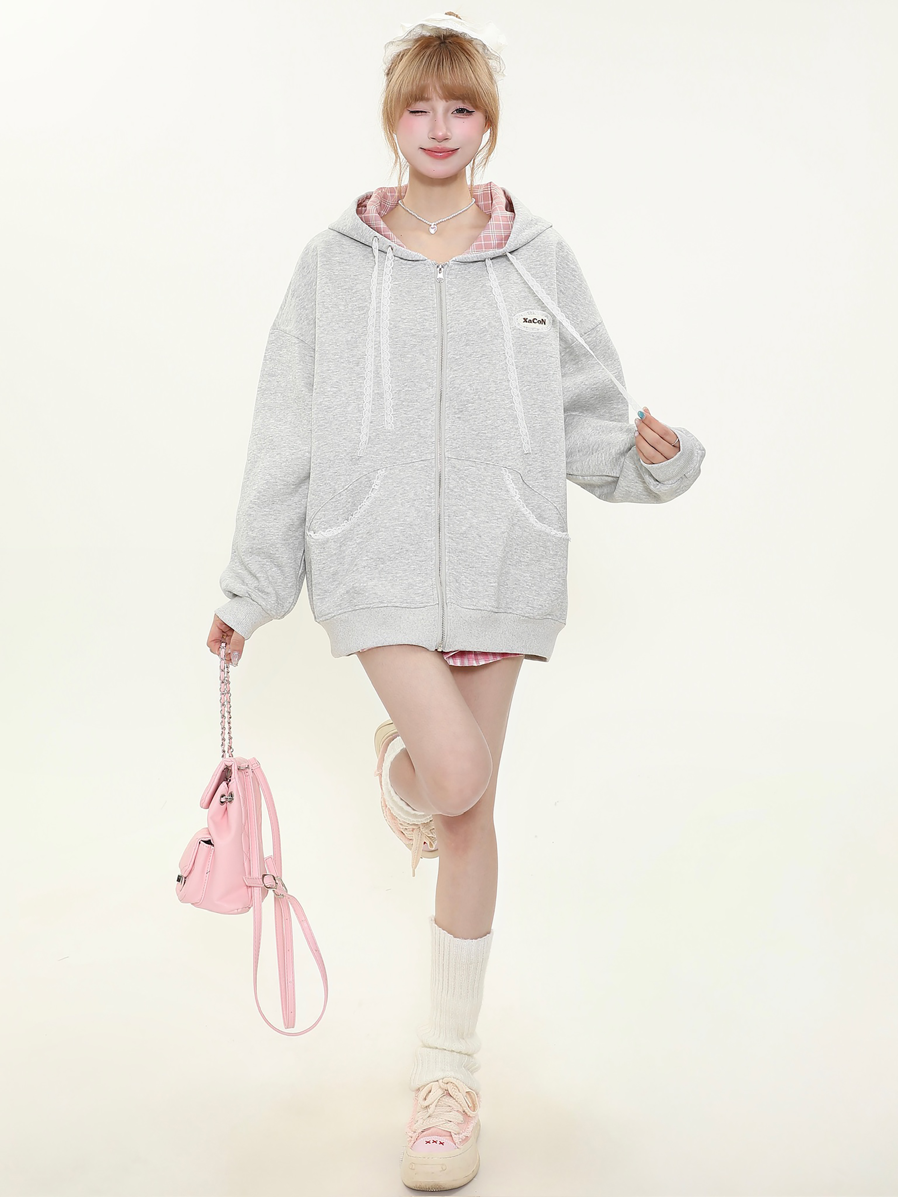 Hooded Zipper Plaid Sweatshirt Jacket for Women - Korean Style Casual Layering for Spring and Autumn Hooded Zipper Plaid Sweatshirt Jacket for Women - Korean Style Casual Layering for Spring and Autumn