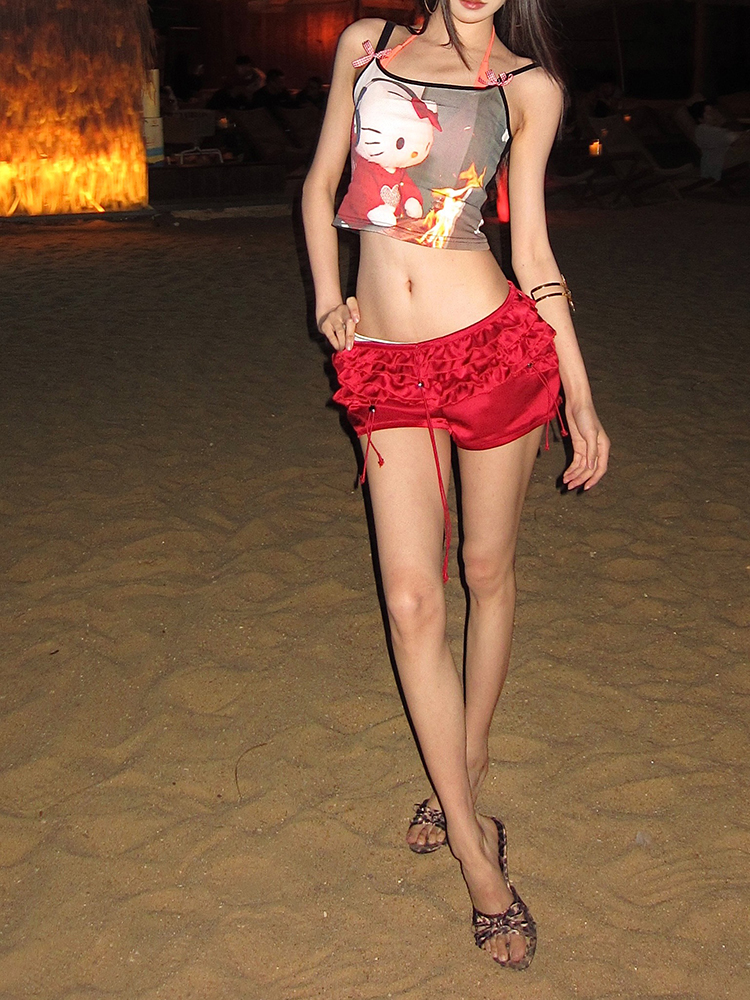 Hot Girl Red Cake Design Ruffled Ribbon Short Pants - Summer Women's Bloomers, Trendy Y2K Style