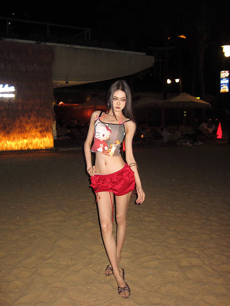 Hot Girl Red Cake Design Ruffled Ribbon Short Pants - Summer Women's Bloomers, Trendy Y2K Style Hot Girl Red Cake Design Ruffled Ribbon Short Pants - Summer Women's Bloomers, Trendy Y2K Style