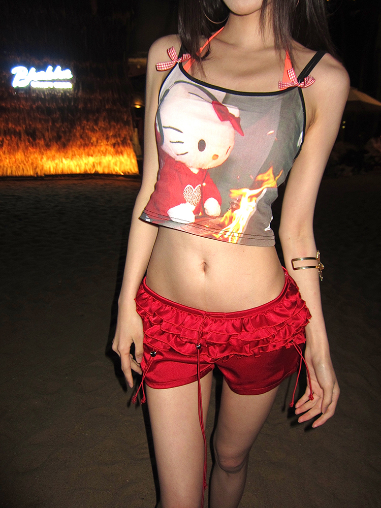 Hot Girl Red Cake Design Ruffled Ribbon Short Pants - Summer Women's Bloomers, Trendy Y2K Style Hot Girl Red Cake Design Ruffled Ribbon Short Pants - Summer Women's Bloomers, Trendy Y2K Style