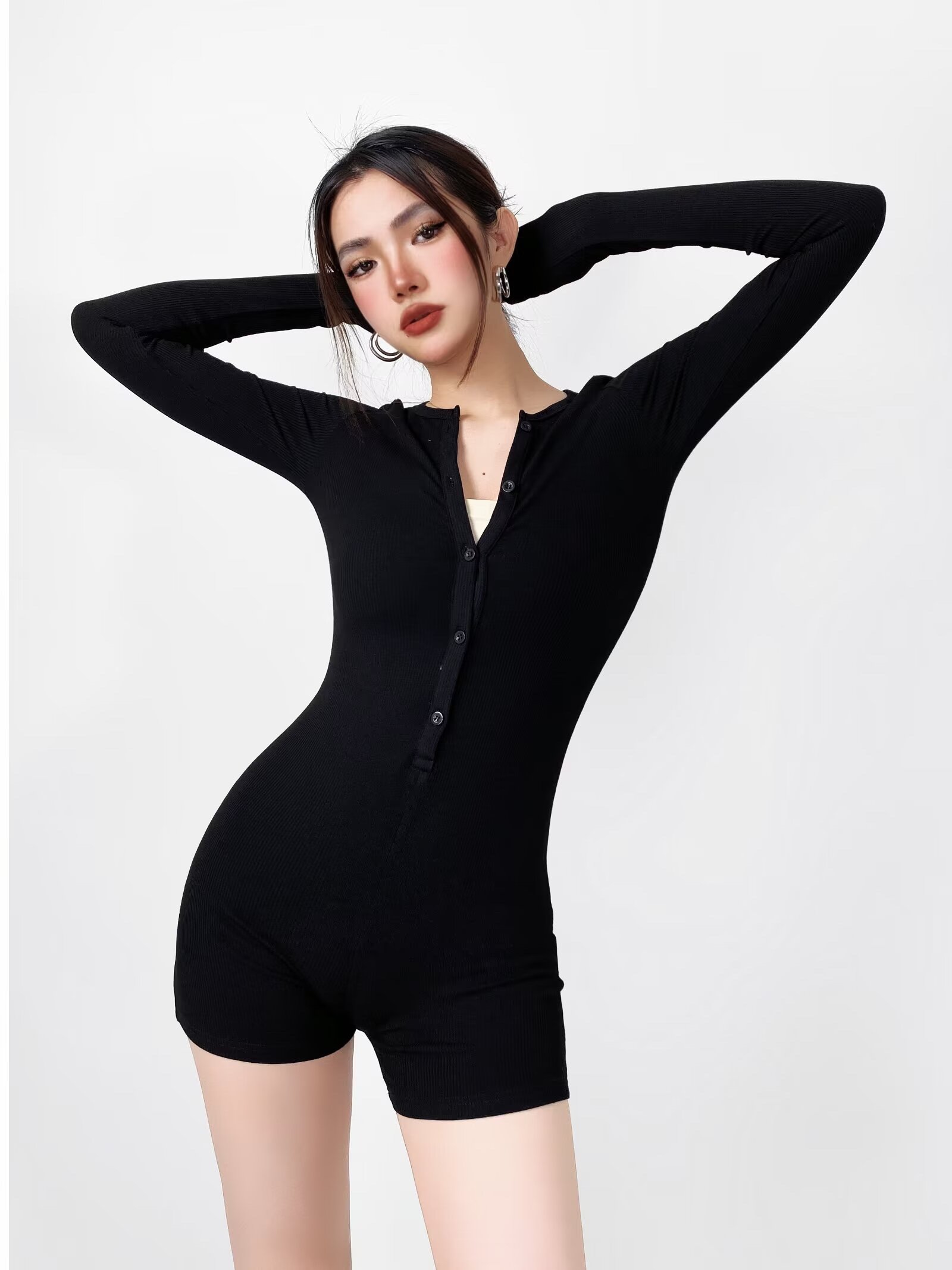 Hot Girl Style Round Neck Button Bodysuit for Women - Tight-Fitting Jazz Shorts Elastic Fitness Suit - Y2K Trend