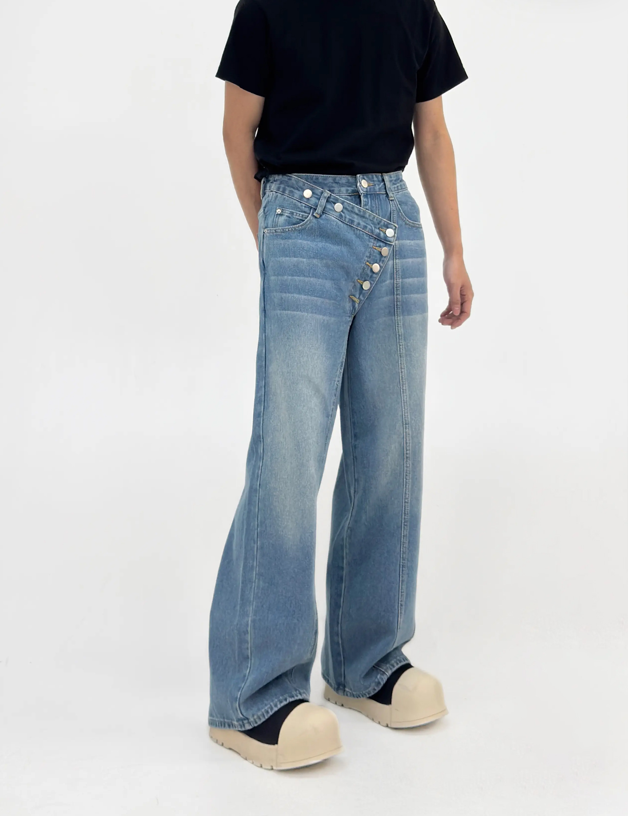 Irregular Button-Wash Straight-Leg Denim Pants - Loose Wide-Leg Casual Trousers for 90s Retro Style Irregular Button-Wash Straight-Leg Denim Pants - Loose Wide-Leg Casual Trousers for 90s Retro Style