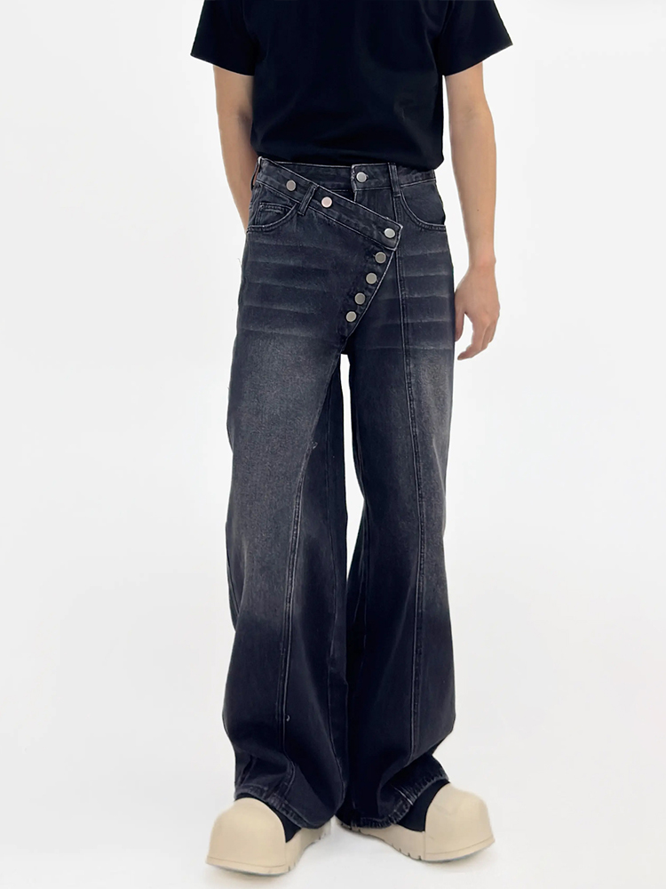 Irregular Button-Wash Straight-Leg Denim Pants - Loose Wide-Leg Casual Trousers for 90s Retro Style Irregular Button-Wash Straight-Leg Denim Pants - Loose Wide-Leg Casual Trousers for 90s Retro Style