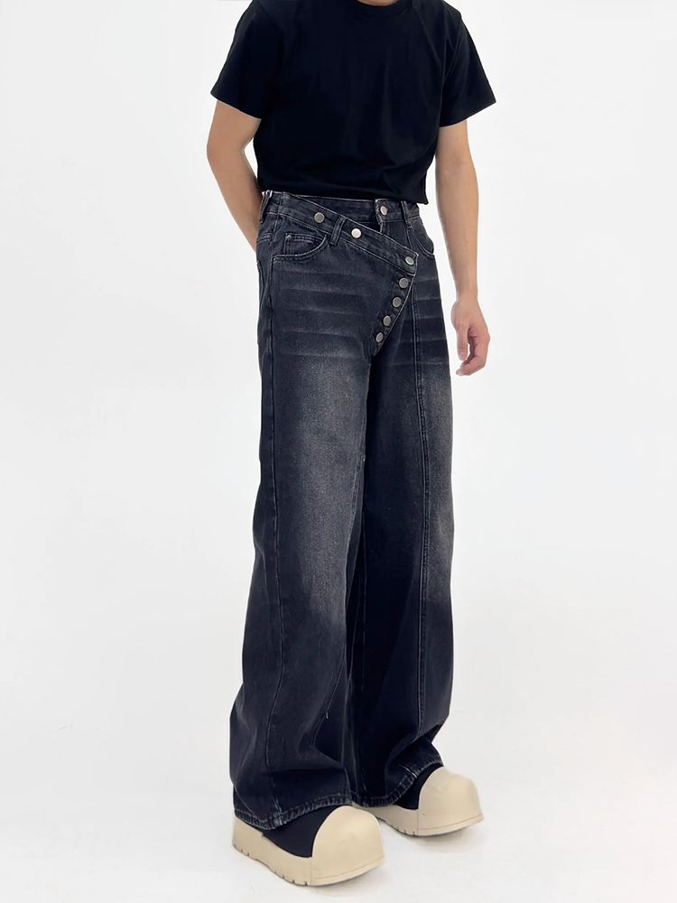 Irregular Button-Wash Straight-Leg Denim Pants - Loose Wide-Leg Casual Trousers for 90s Retro Style Irregular Button-Wash Straight-Leg Denim Pants - Loose Wide-Leg Casual Trousers for 90s Retro Style