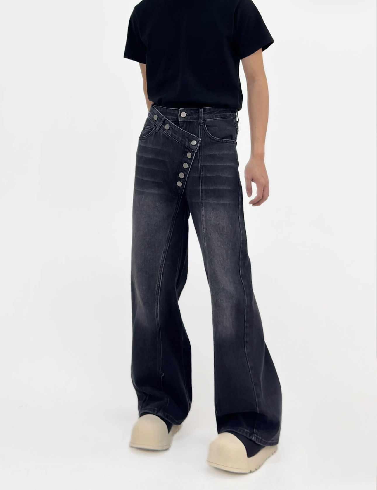 Irregular Button-Wash Straight-Leg Denim Pants - Loose Wide-Leg Casual Trousers for 90s Retro Style