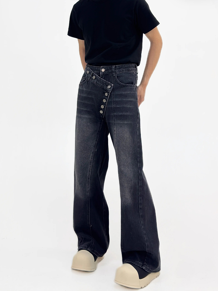 Irregular Button-Wash Straight-Leg Denim Pants - Loose Wide-Leg Casual Trousers for 90s Retro Style Irregular Button-Wash Straight-Leg Denim Pants - Loose Wide-Leg Casual Trousers for 90s Retro Style