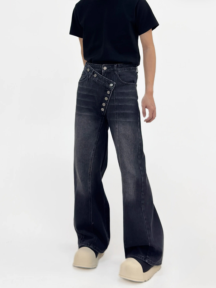 Irregular Button-Wash Straight-Leg Denim Pants - Loose Wide-Leg Casual Trousers for 90s Retro Style