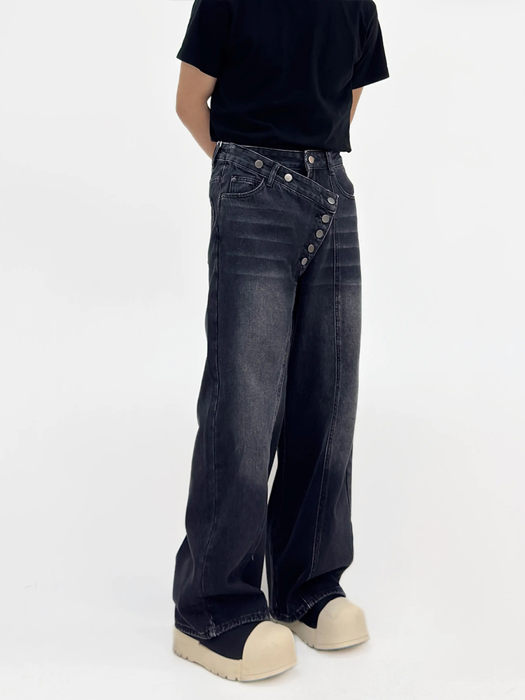 Irregular Button-Wash Straight-Leg Denim Pants - Loose Wide-Leg Casual Trousers for 90s Retro Style Irregular Button-Wash Straight-Leg Denim Pants - Loose Wide-Leg Casual Trousers for 90s Retro Style
