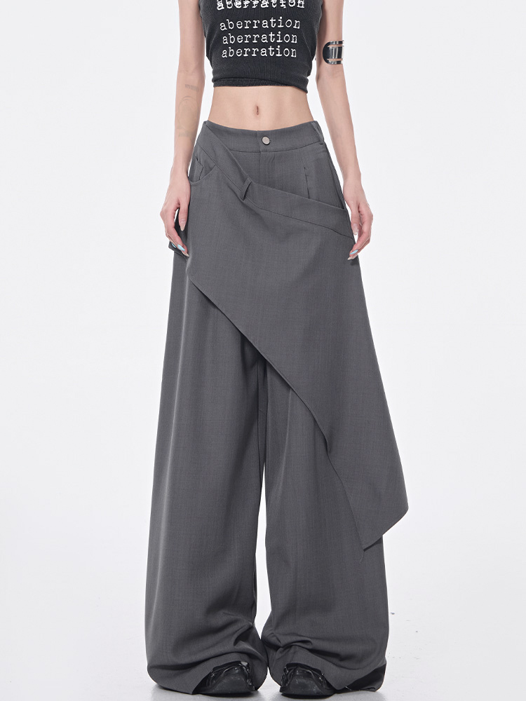 Irregular Diagonal Spliced Suit Pants for Women - High-Waisted Straight Draped Long Pants - Summer Fashion Trend