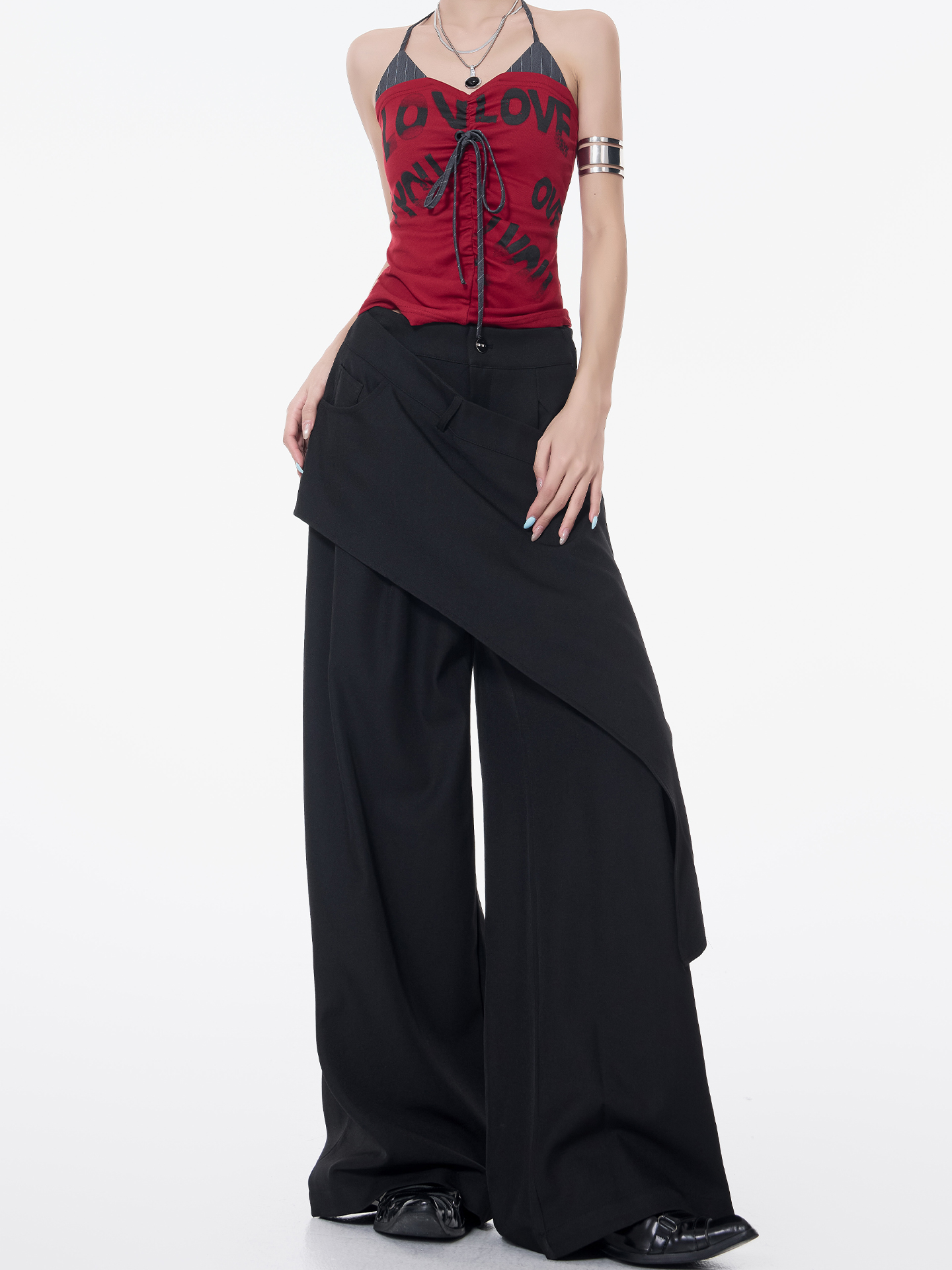 Irregular Faux Two-Piece Spliced Suit Pants for Women - Summer High-Waisted Straight Drape Trousers, Chic Korean Style Fashion