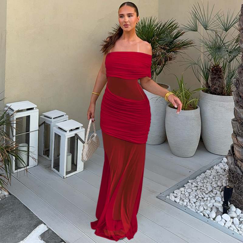 Irregular Mesh Splicing One-Shoulder Strapless Dress - Sexy Fitted Long Skirt in European and American Style Irregular Mesh Splicing One-Shoulder Strapless Dress - Sexy Fitted Long Skirt in European and American Style