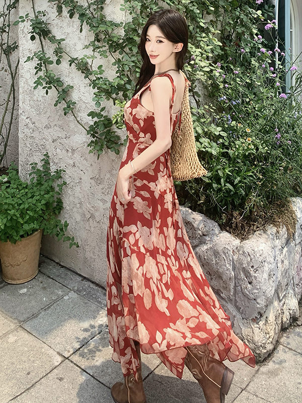 Irregular Red Floral Spaghetti Strap Dress for Women - Vintage French Style Summer Dress, Yunnan Vacation Look Irregular Red Floral Spaghetti Strap Dress for Women - Vintage French Style Summer Dress, Yunnan Vacation Look