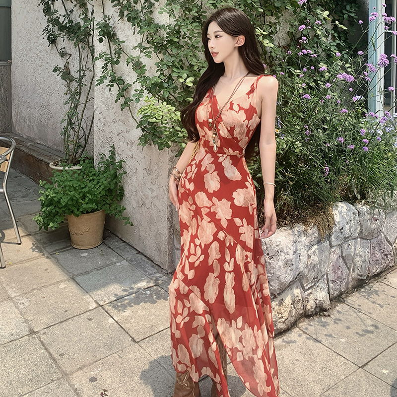Irregular Red Floral Spaghetti Strap Dress for Women - Vintage French Style Summer Dress, Yunnan Vacation Look
