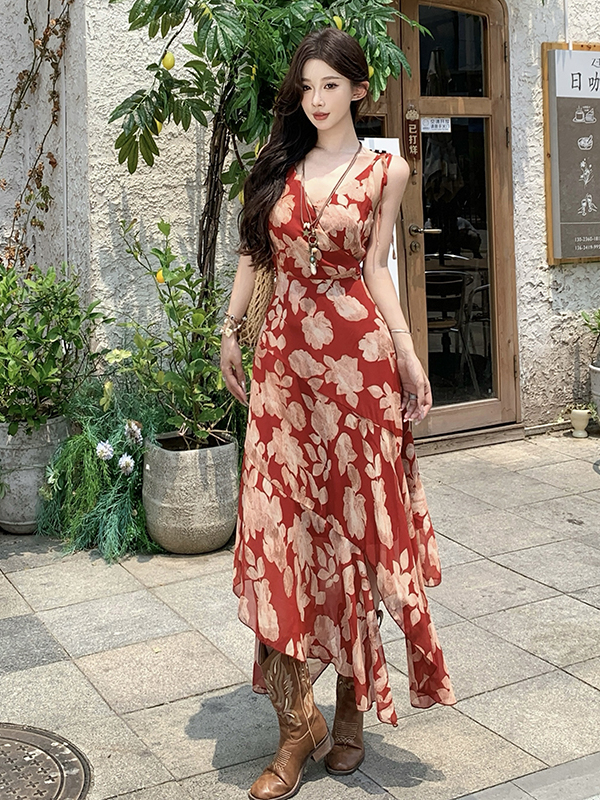 Irregular Red Floral Spaghetti Strap Dress for Women - Vintage French Style Summer Dress, Yunnan Vacation Look Irregular Red Floral Spaghetti Strap Dress for Women - Vintage French Style Summer Dress, Yunnan Vacation Look