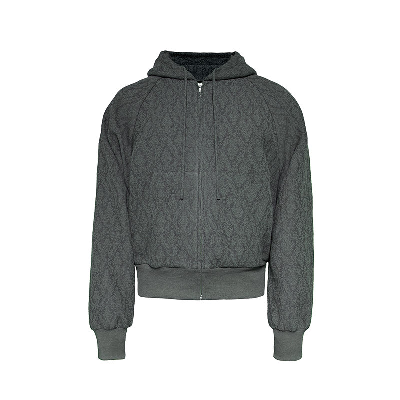 Jacquard Zipper Hoodie with Short Wide Raglan Sleeves and Drawstring Pleats - Stylish Textured Layering Piece