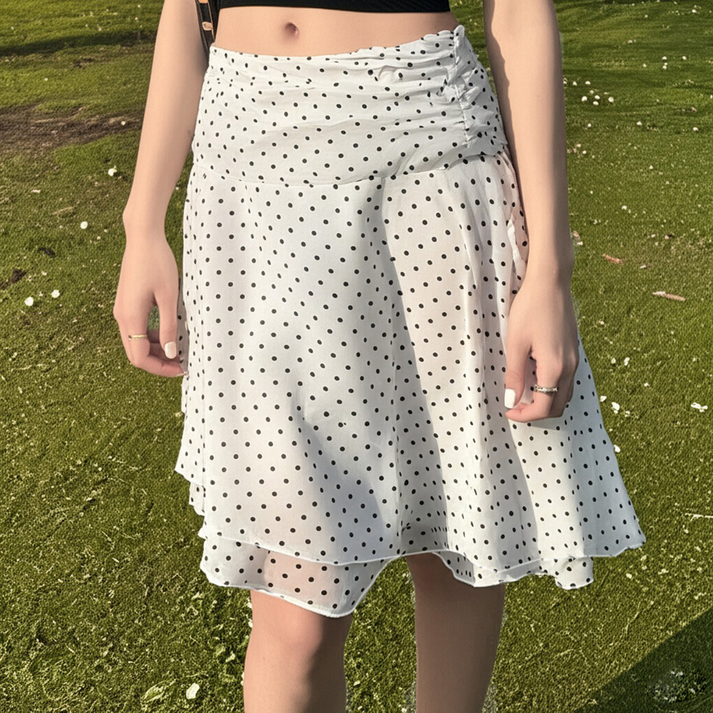 Japanese-Style Artistic Pleated Low-Waist Color-Blocked Polka Dot Midi Skirt - Retro Romantic Versatile Summer Fashion Japanese-Style Artistic Pleated Low-Waist Color-Blocked Polka Dot Midi Skirt - Retro Romantic Versatile Summer Fashion