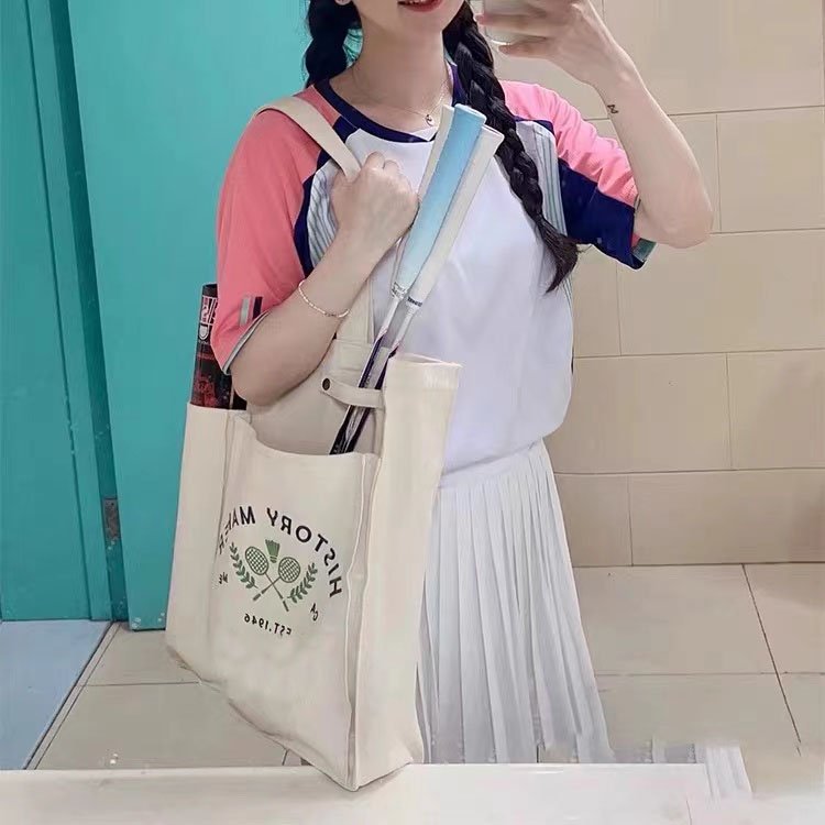 Japanese-Style Casual Large Capacity Letter Print Canvas Shoulder Tote Sports Bag - Versatile Badminton Tote for Everyday Use