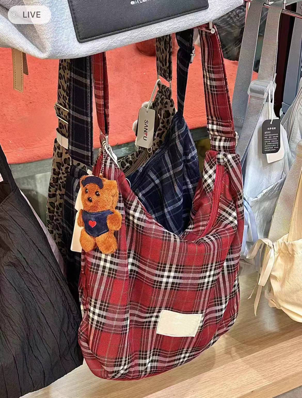 Japanese-Style Checkered Canvas Bag 2025 - Versatile Large Capacity Commuting Shoulder Crossbody Tote