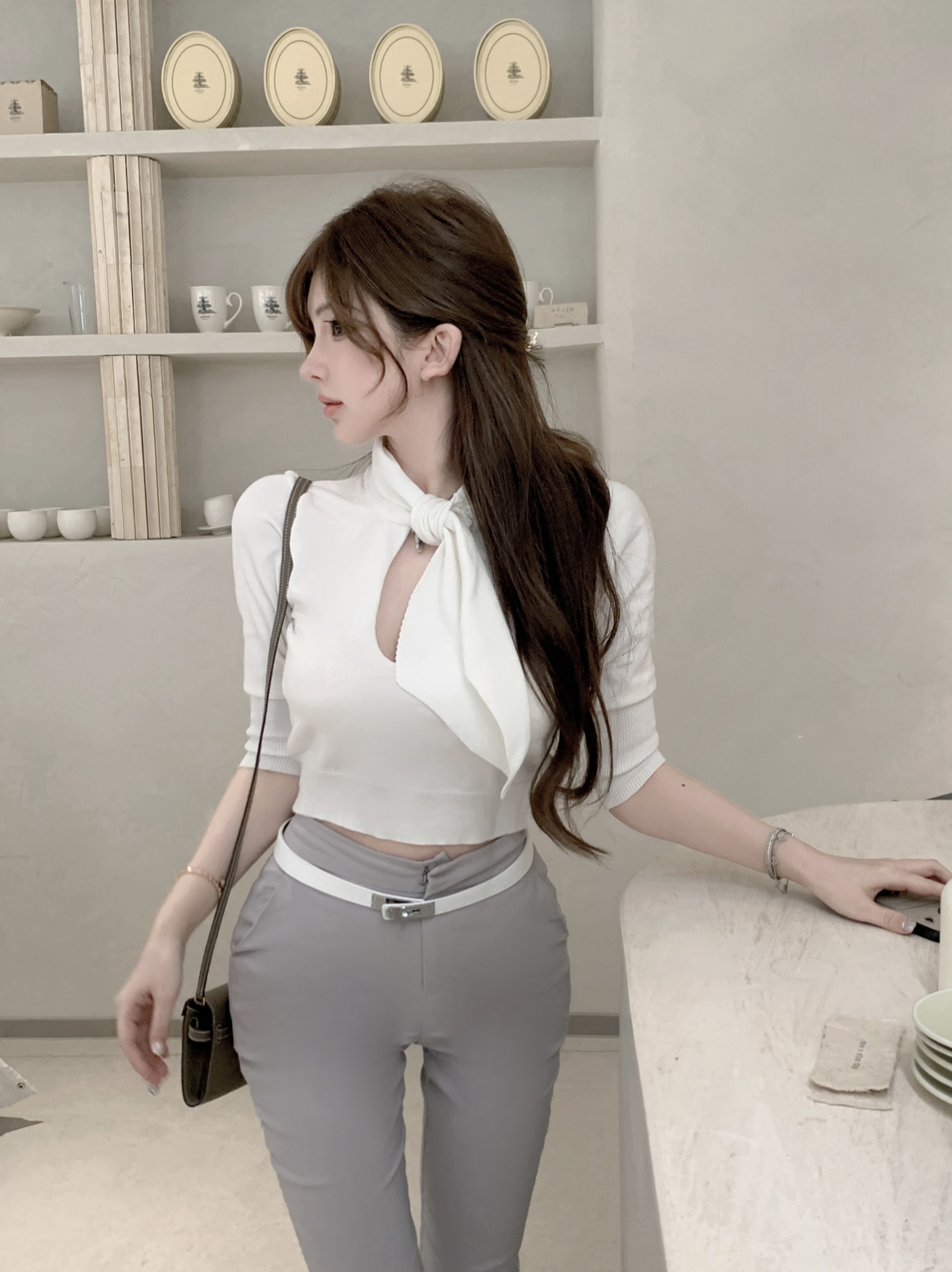 Japanese-Style Classic Hollow-Out Bow Short-Sleeve Knitted Top for Women - Y2K Fashion, Trendy Summer Style Japanese-Style Classic Hollow-Out Bow Short-Sleeve Knitted Top for Women - Y2K Fashion, Trendy Summer Style