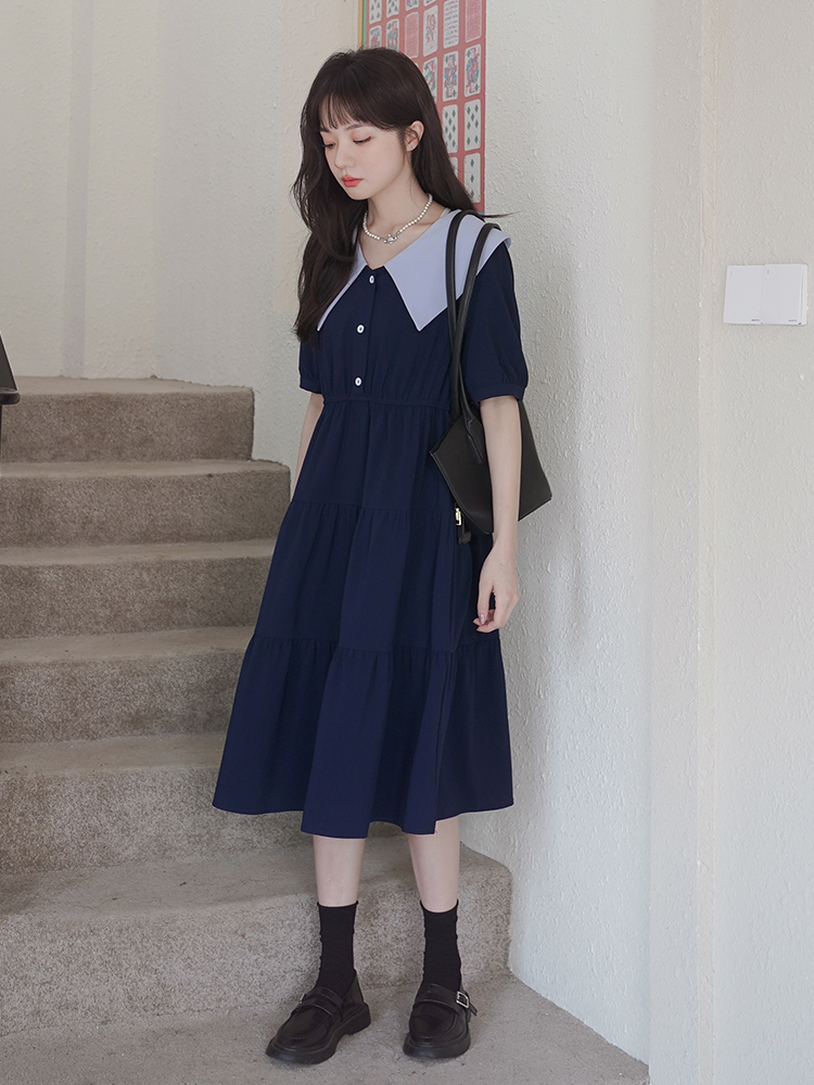 Japanese-Style Doll Collar Dress for Women, Summer 2025, Slimming Long Dress, College Wind, Age-Reducing, Flattering for Curvy Figures