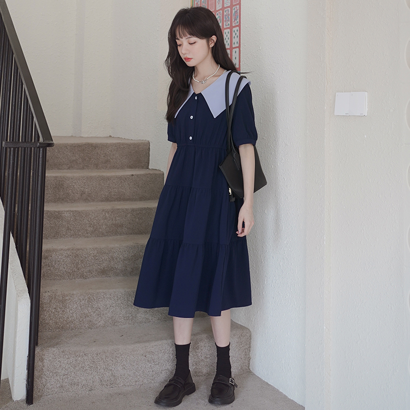 Japanese-Style Doll Collar Dress for Women, Summer 2025, Slimming Long Dress, College Wind, Age-Reducing, Flattering for Curvy Figures