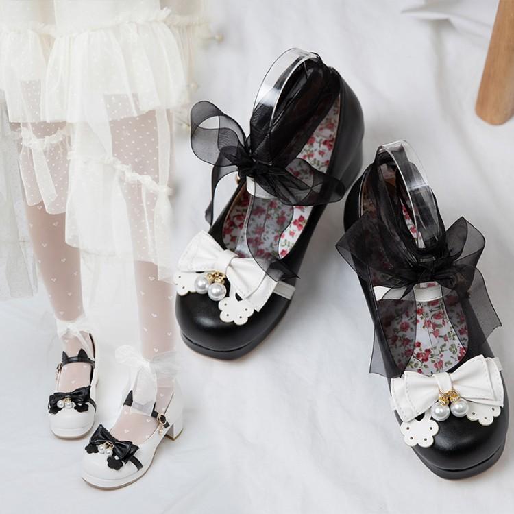 Japanese-style Lolita High-Heeled Chunky Shoes with Bows for Tea Parties - Cute Single Shoes for Students and Soft Girls Japanese-style Lolita High-Heeled Chunky Shoes with Bows for Tea Parties - Cute Single Shoes for Students and Soft Girls