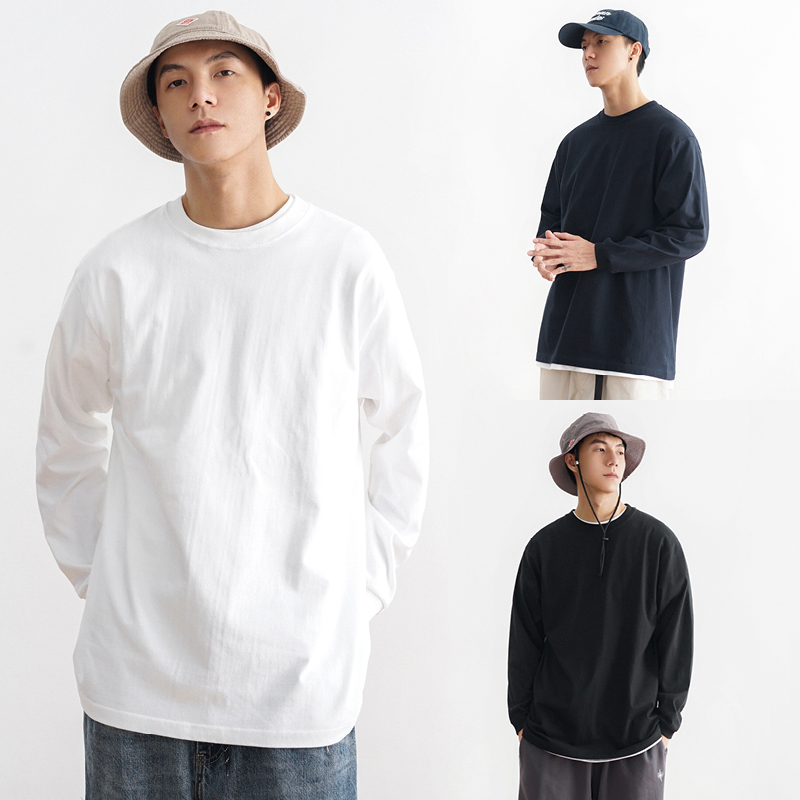 Japanese-style Loose Solid Color Heavyweight Pure Cotton Long Sleeve T-shirt Unisex Basic Round Neck Top