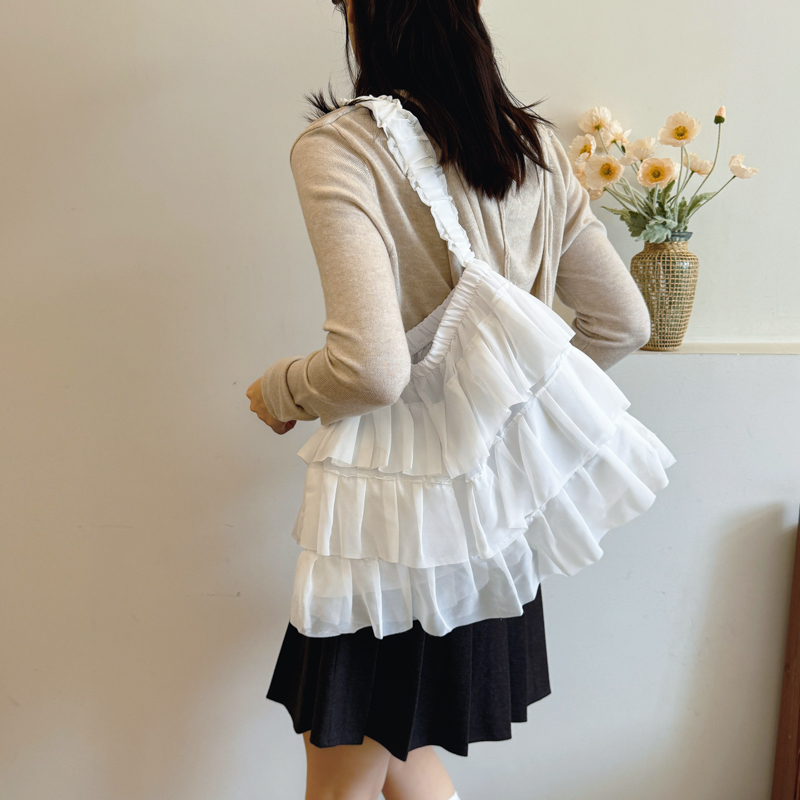 Japanese-Style Minimalist One-Shoulder Bag, Hollow Lace Layered Tote, Large Capacity Casual Canvas Skirt-Shaped Handbag