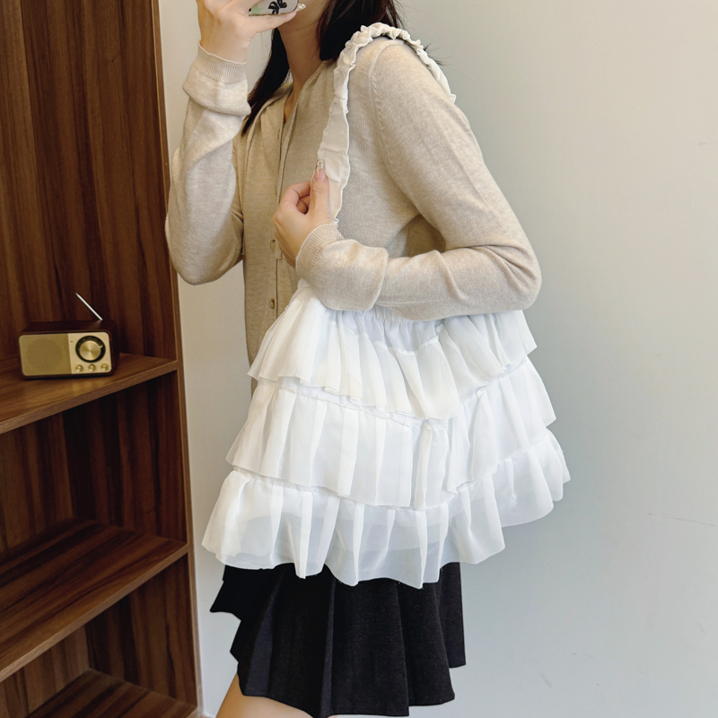 Japanese-Style Minimalist One-Shoulder Bag, Hollow Lace Layered Tote, Large Capacity Casual Canvas Skirt-Shaped Handbag