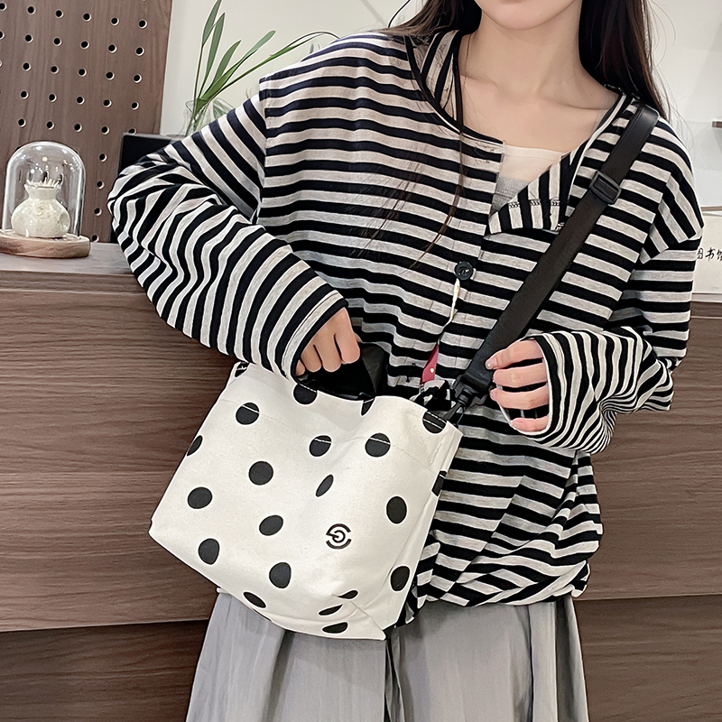 Japanese Style Polka Dot Canvas Bag for Women - Large Capacity Casual Crossbody Shoulder Bag for Commuting and Outings Japanese Style Polka Dot Canvas Bag for Women - Large Capacity Casual Crossbody Shoulder Bag for Commuting and Outings