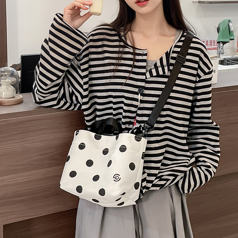 Japanese Style Polka Dot Canvas Bag for Women - Large Capacity Casual Crossbody Shoulder Bag for Commuting and Outings