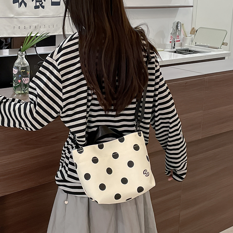 Japanese Style Polka Dot Canvas Bag for Women - Large Capacity Casual Crossbody Shoulder Bag for Commuting and Outings Japanese Style Polka Dot Canvas Bag for Women - Large Capacity Casual Crossbody Shoulder Bag for Commuting and Outings