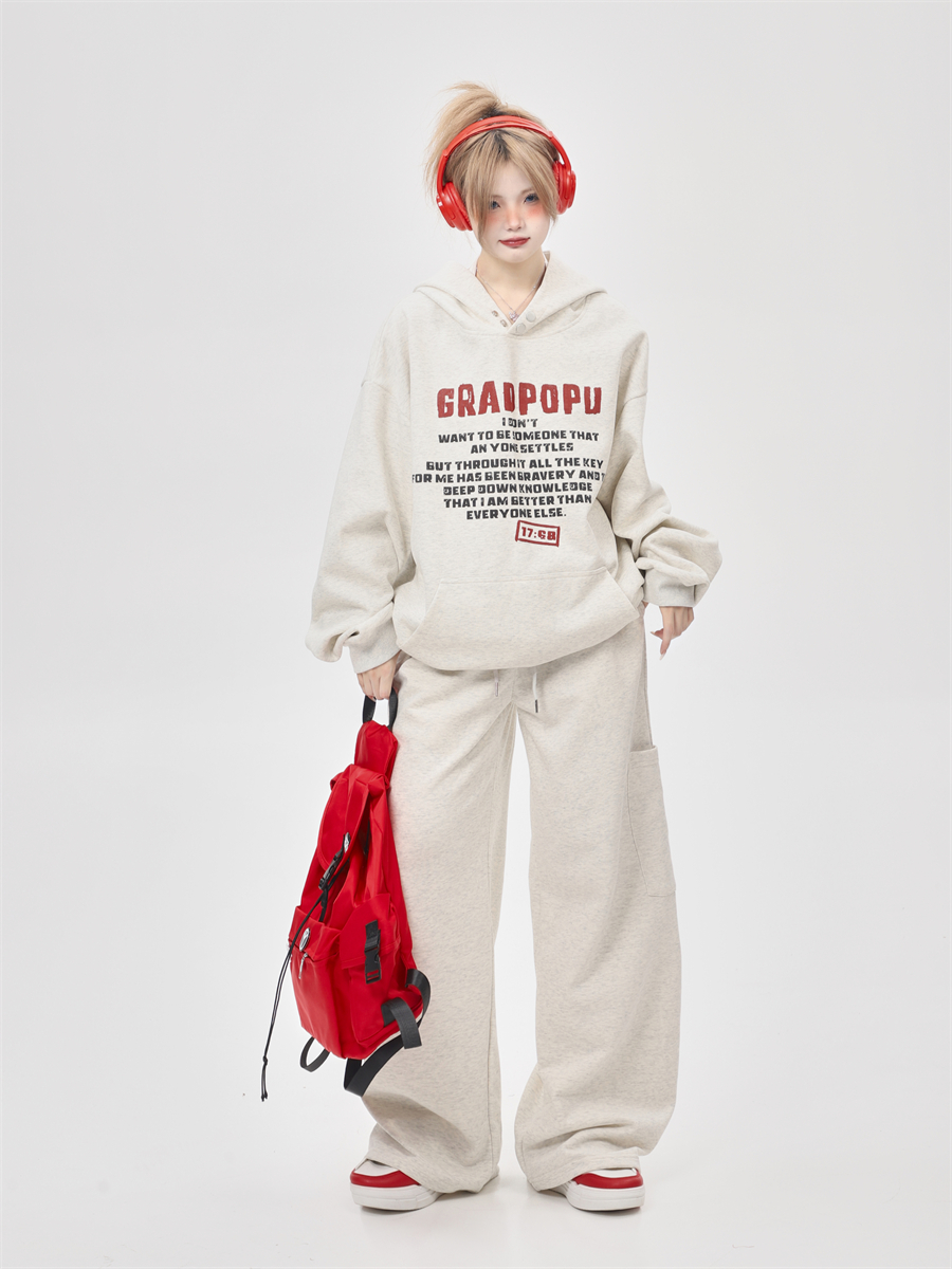 Japanese-Style Slim-Fit Gray Hoodie Set for Women with High-Waisted Wide-Leg Sweatpants - Casual Spring Autumn Fashion