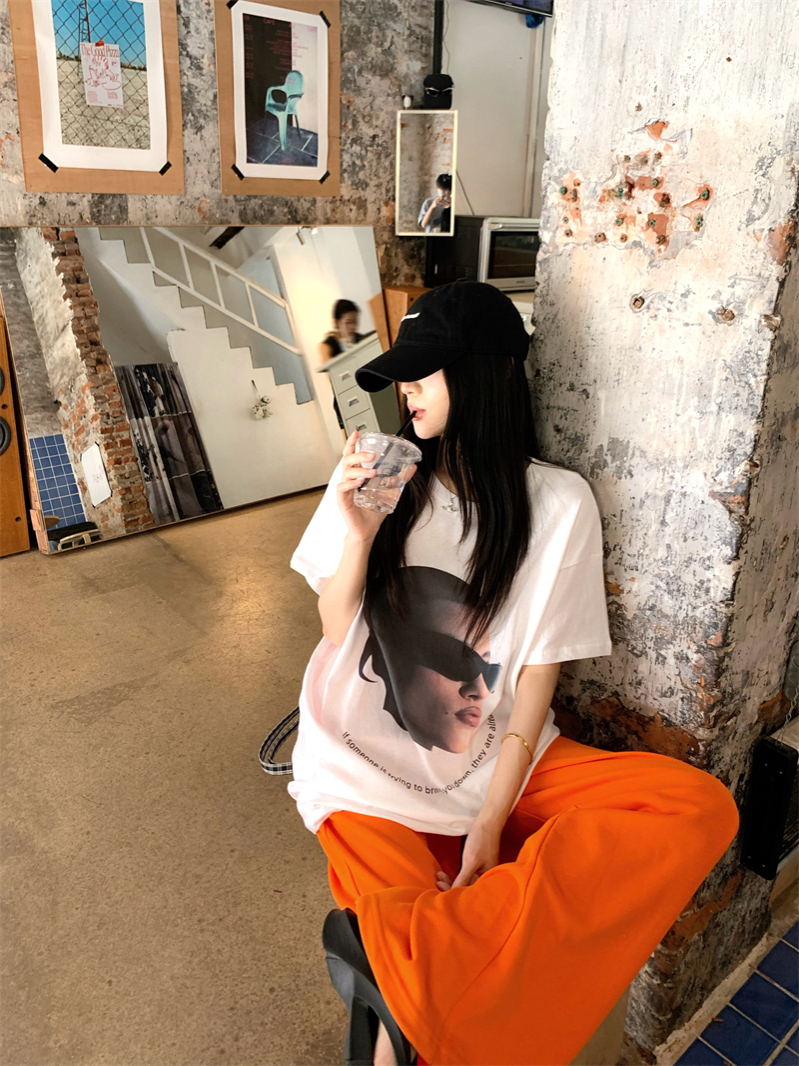 Jazz Dance Outfit with Personality Print Top and Orange Pants - K-Pop Style Square Dance Set for Girls